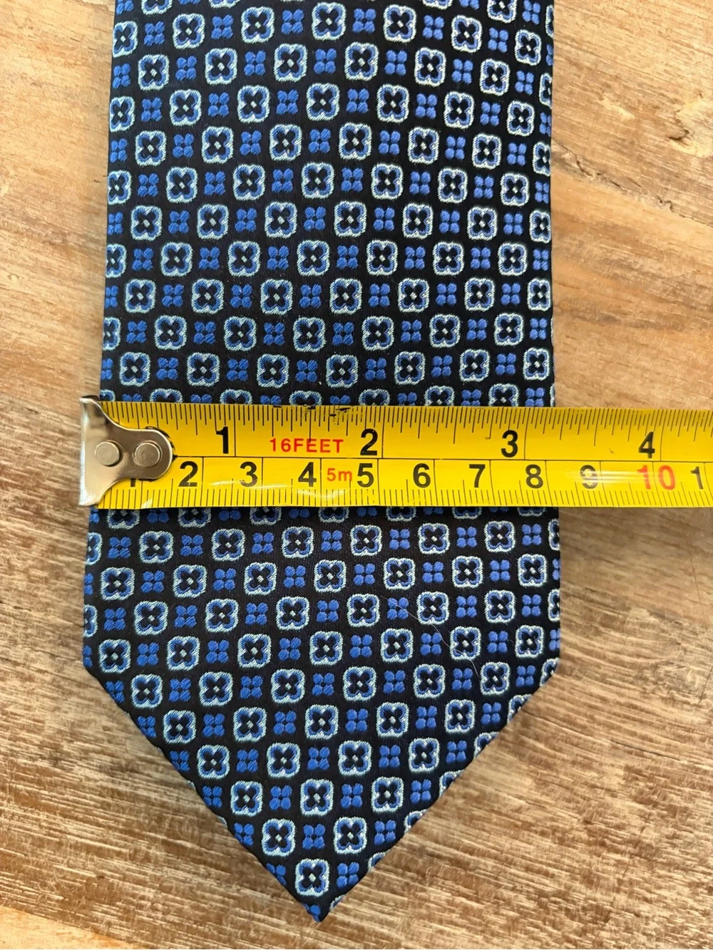 Countess Mara 100% Silk Tie Blue Geometric Necktie Blue Gold Crown Logo
